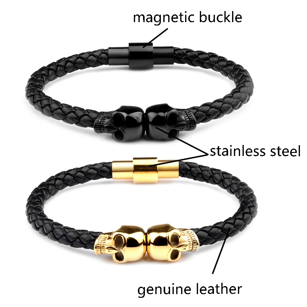 Stainless Steel Leather Bracelet Skull Skeleton Head Bangle For Men Bracelet Jewelry