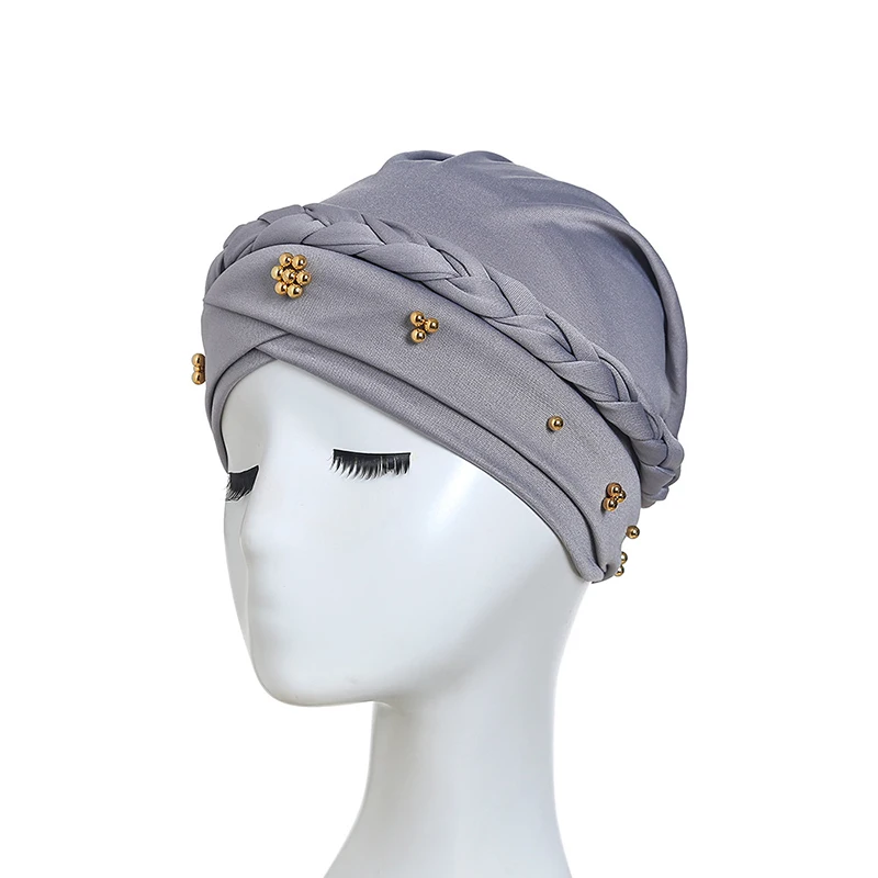 Women Fashion Casual Turban Twisted Beaded Braid Headscarf Cap Hair Covered Wrap Hat