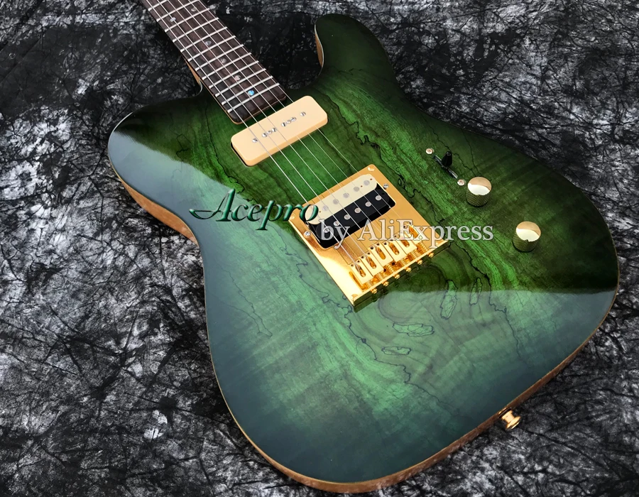 ACEPRO электрогитара с зеленым слоем Spalted Maple top, белый жемчуг тюнеры, Abalone точки инкрустации, Золотое оборудование