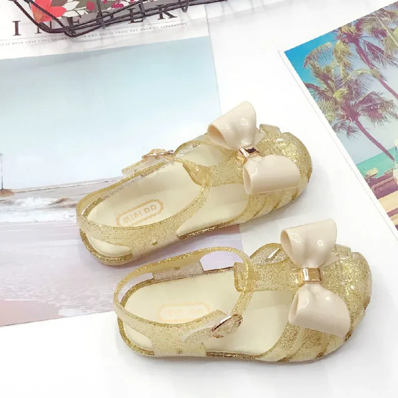 Мини Melissa/прозрачная обувь; детские сандалии для девочек; красивая обувь с бантом; повседневная обувь для девочек; Серебристые детские сандалии на плоской подошве; дышащие Нескользящие