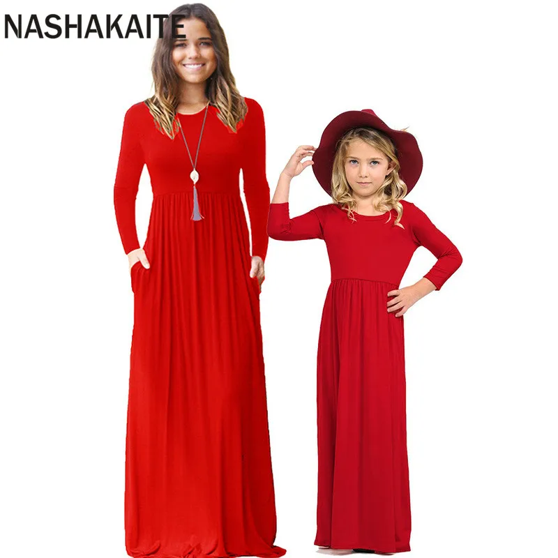 NASHAKAITE/платье для мамы и дочки; сезон осень-зима; однотонное платье до щиколотки с длинными рукавами; семейный образ; одежда для мамы и дочки - Цвет: Red