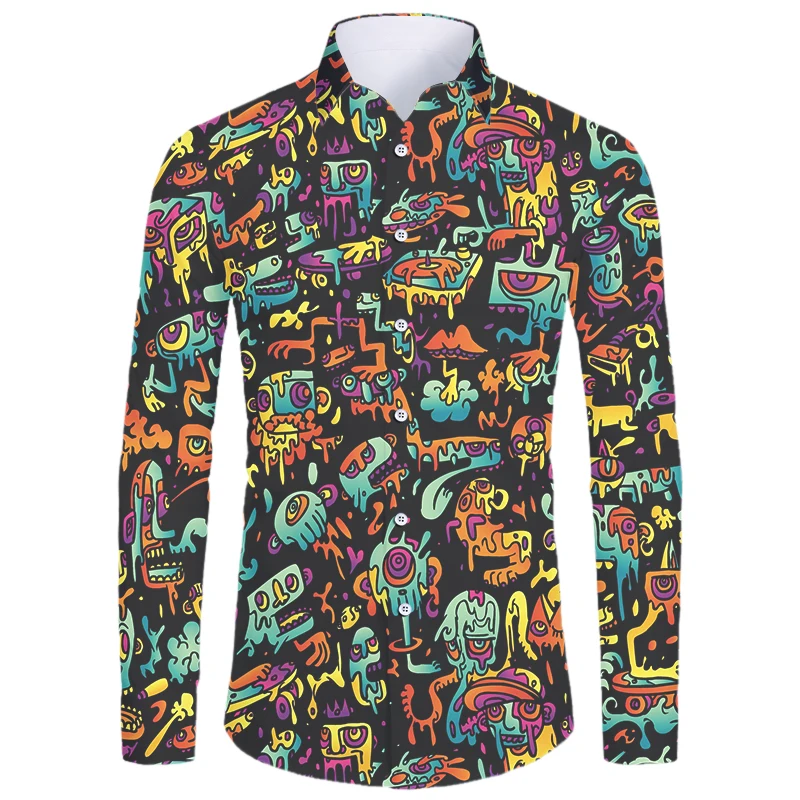 

Casual Print Long Sleeve Shirt Men Street 3D Monster Graffiti Print Hawaii Beach Oversize Women Fashion Harujuku Shirts For Men