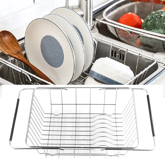 1pc Stainless Steel Kitchen Sink Drain Rack, Expandable Dish Drying Rack  With Utensil Holder