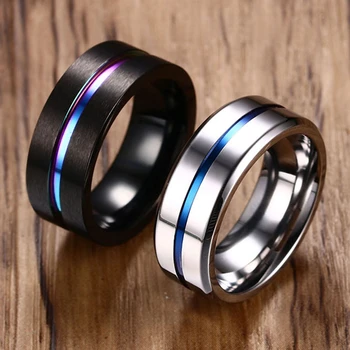 Vnox 8mm Black Ring for Men Women Groove Rainbow Stainless Steel Wedding Bands Trendy Fraternal Rings Casual Male Jewelry