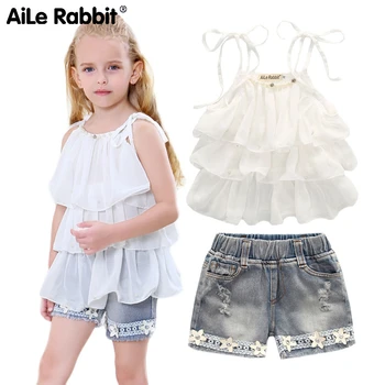 

AiLe Rabbit Summer Korean Children's Clothing Girls Chiffon Cake Sling Pants 2pcs Pearl Flower Halter Top Denim Kids Set K1