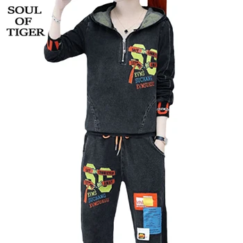 

SOUL OF TIGER Korean Designer 2020 Ladies Loose Tops And Pants Womens Casual Printed Suits Punk Style Two Pieces Sets Plus Size