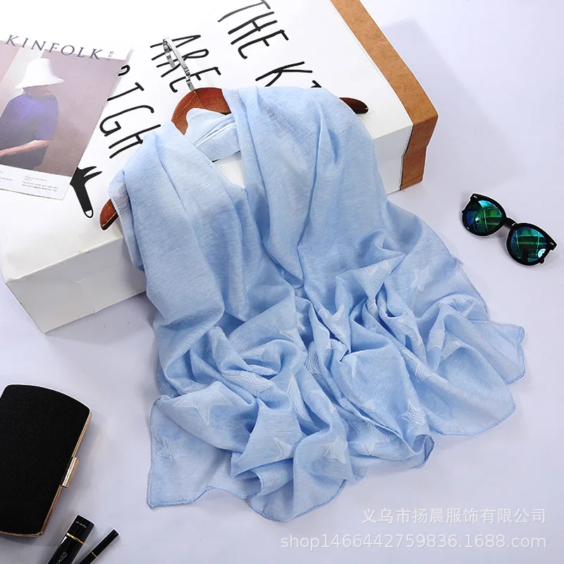 Summer New Style Korean-style Imitated Silk Scarves Thin Breathable Five-pointed Star Silk Scarves College Style Silk Scarves Wo