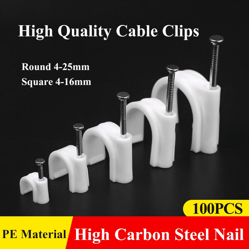 Cable Clip Cable Tie Cable Organizer 100PCS Round Cable Wire Clips 4mm 6mm 8mm 10mm Cable Management RG6 CAT6 RJ45 Electrical Wire Cord Tie Holder Circle Clips