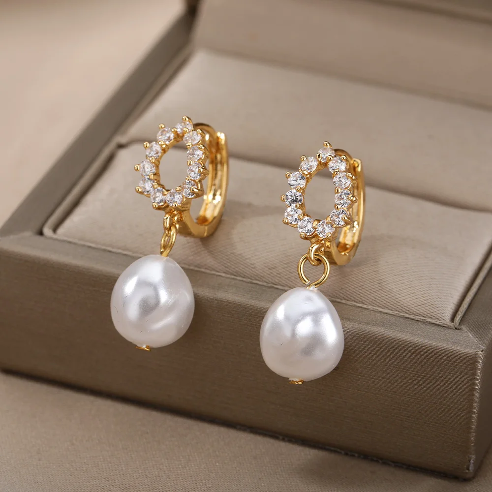 Women Pearl Drop Earrings Stainless Steel Zircon Water Droplet Wedding Party