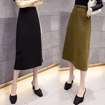 

2020 Autumn Winter Woolen Long Skirts Womens Korean Style Back Split High Waist A-Line Falda Office Lady Skirts Female
