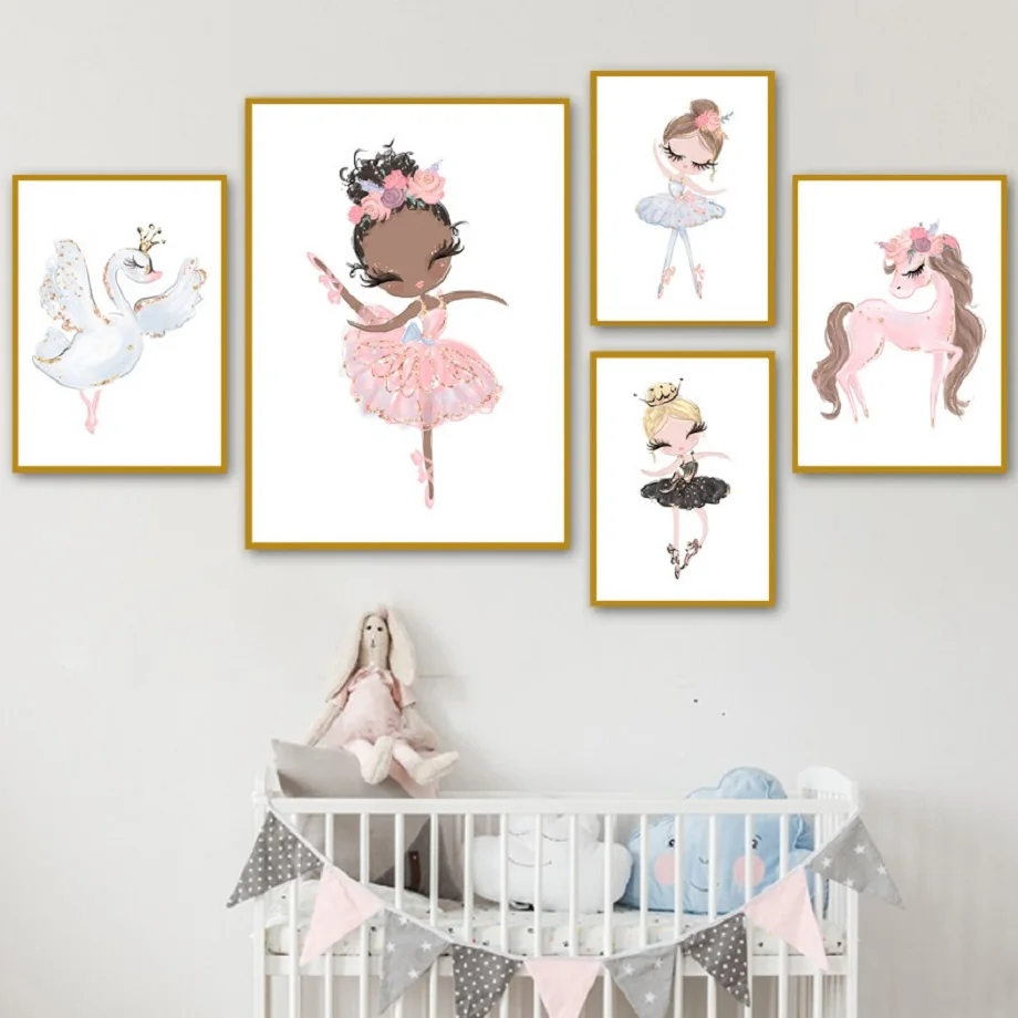 Cartoon-Pink-Unicorn-Swan-Girl-Crown-Flower-Nordic-Posters-And-Prints-Wall-Art-Canvas-Painting-Wall (3)