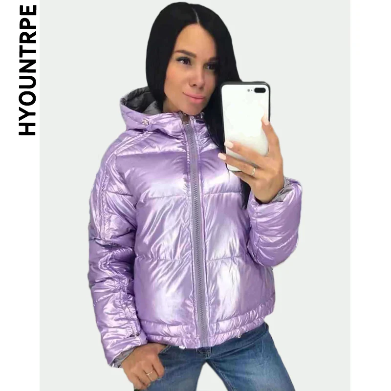 

Fashion Women Cotton Padded Coat Jackets Casual Full Zipper Hooded Short Metal Color Street Outerwear Parkas New Jacket Coats