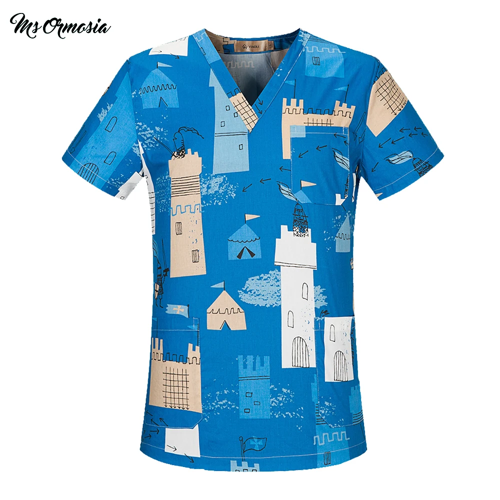 

new Breathable comfortable fashion Pure cotton cartoon printing scrubs hat Beauty Salon Uniform Laboratory Pet Shop Scrub top