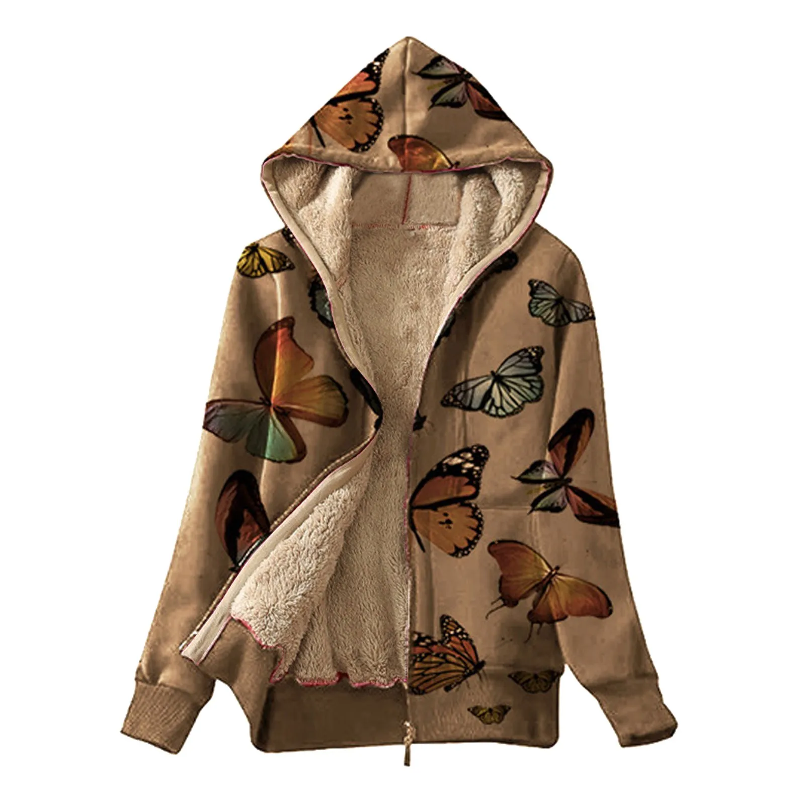 Autumn Winter New Fashion Plush Velvet Jackets Women's Casual Winter Warm Butterfly Print Zip Up Hooded Coat Sweatshirt Outwear 2