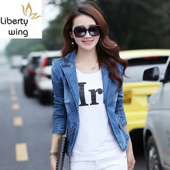 

Brand Long Sleeve Denim Coat Women Short Slim Single Button Stretch Jeans Jackets Spring Elegant Office Work Jaqueta Feminina