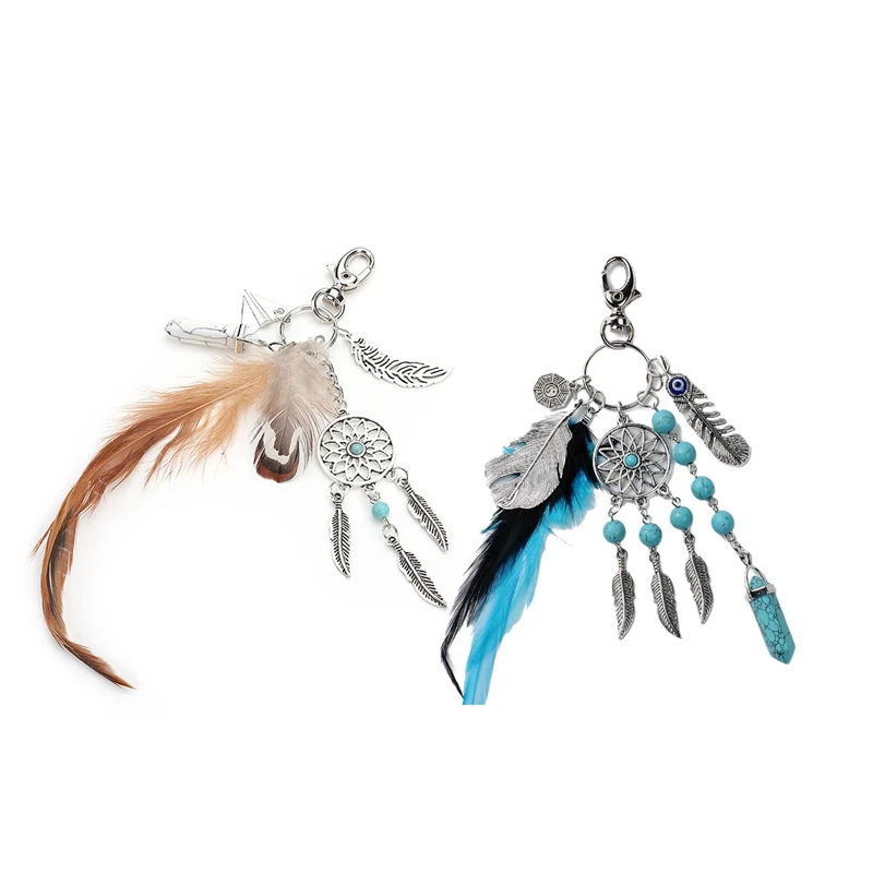 

2Pcs Dreamcatcher Keyring Bag Charm Fashion Boho Jewelry Feather Keychain Brown & Blue