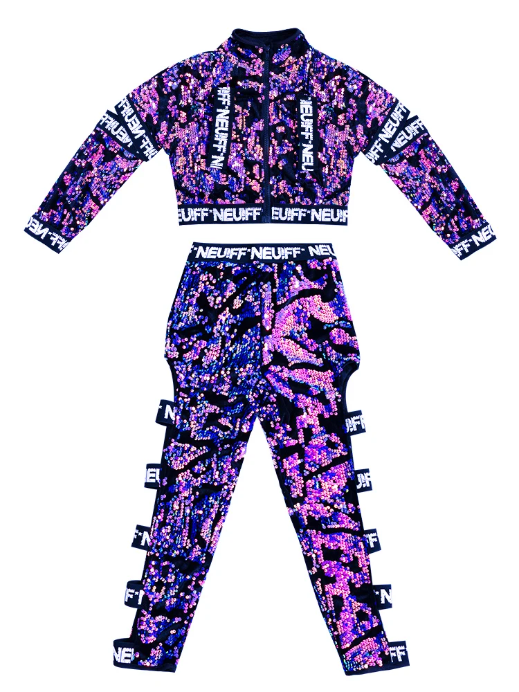 Jazz Costume Girls Purple Sequin Hip Hop Set Street Dance Performance Clothing Stage Dancing Wear Flared Sleeve Clothes DC1006