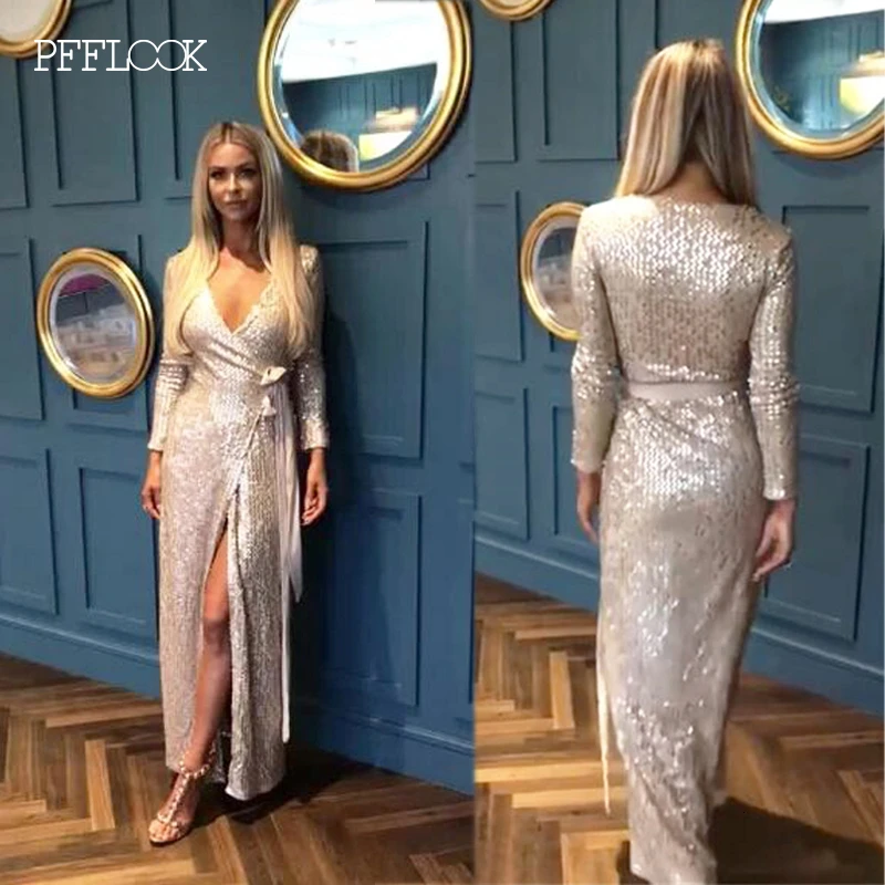 PFFLOOK приталенное Элегантное Длинное Платье с разрезом, женское облегающее платье с длинным рукавом и v-образным вырезом, женское платье, сексуальное Макси платье с блестками для вечеринок, Клубные платья