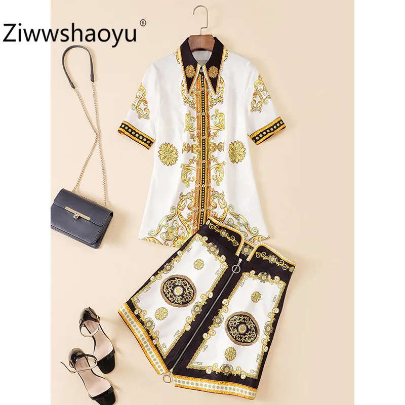 Ziwwshaoyu/модный бренд, летний женский комплект из 2 предметов, блуза с золотым принтом с бриллиантами+ юбка на молнии с высокой талией, комплект одежды