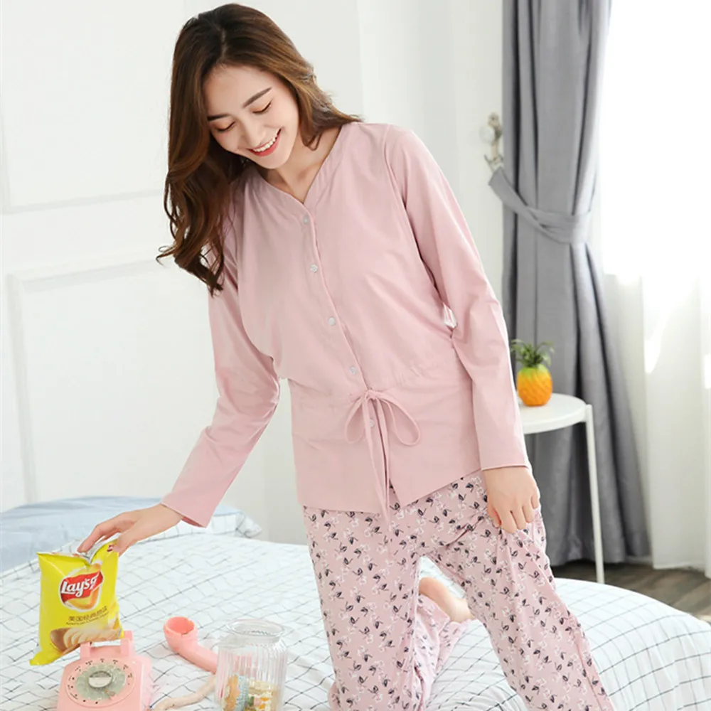 

Fdfklak Spring Autumn Cotton Maternity Sleep Pregnancy Pajama Shirts For Feeding Pink Nursing Pajama Long Sleeve Sleepwear