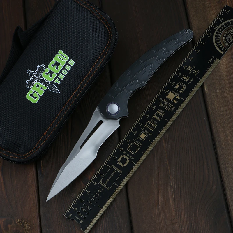 Green thorn feather m390 blade + hidden back clip TC4 Titanium 3D handle outdoor camping utility fruit folding knife EDC tool |