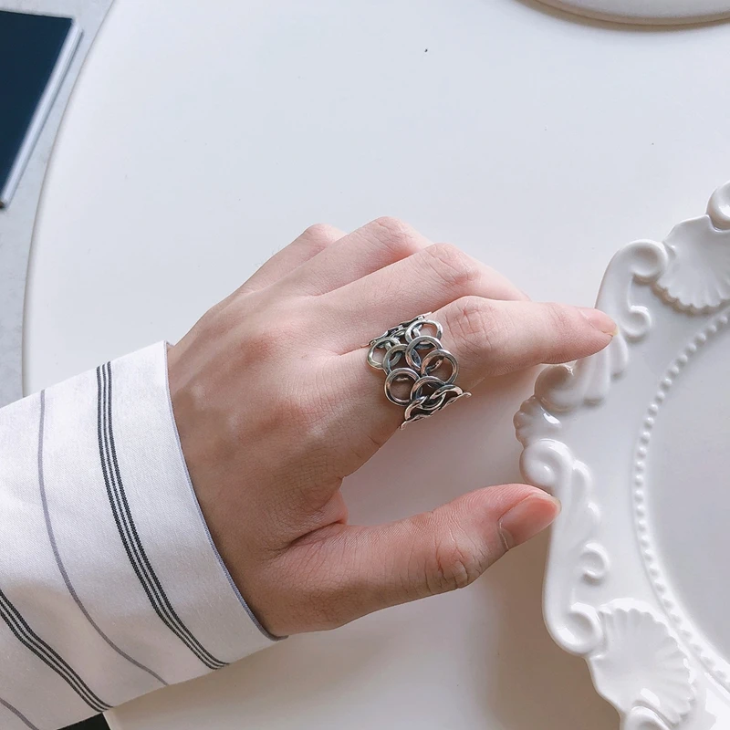 LouLeur Настоящее Ретро кольцо из серебра 925 пробы, винтажное круглое широкое кольцо для женщин, повседневные офисные вечерние кольца, модное серебряное ювелирное изделие