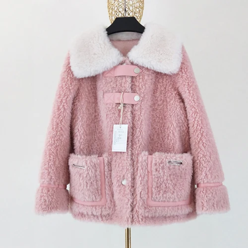 Пальто из натурального овечьего меха зимняя женская парка с отложным воротником Новое поступление куртка из натурального меха ягненка Толстая теплая шерстяная меховая одежда - Цвет: pink