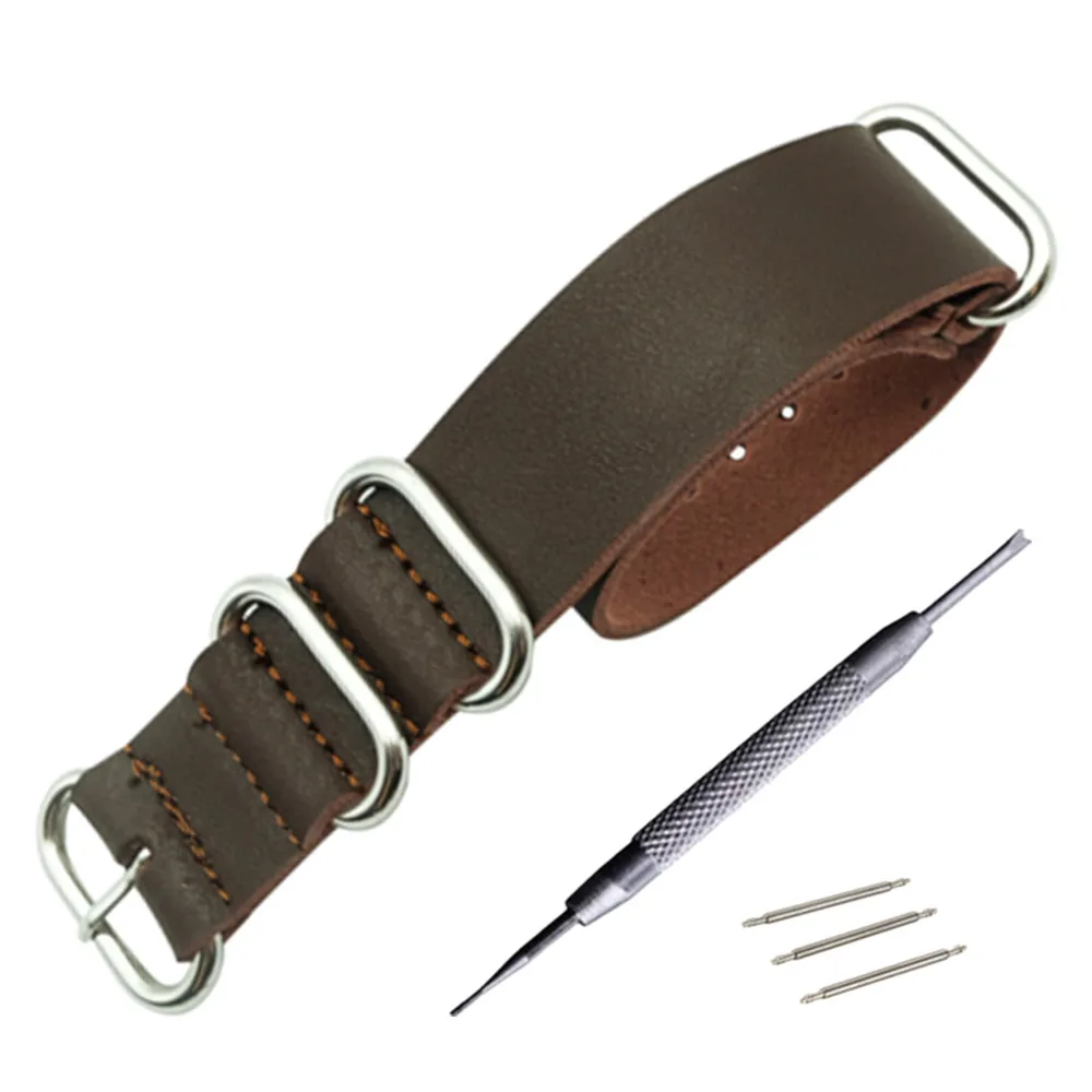 dark brown Zulu кожаный ремешок для часов NATO ремешок для часов 18 мм 20 мм 22 мм 24 мм Серебряное кольцо Пряжка для мужчин и женщин высокое качество аксессуары для часов - Цвет ремешка: dark brown
