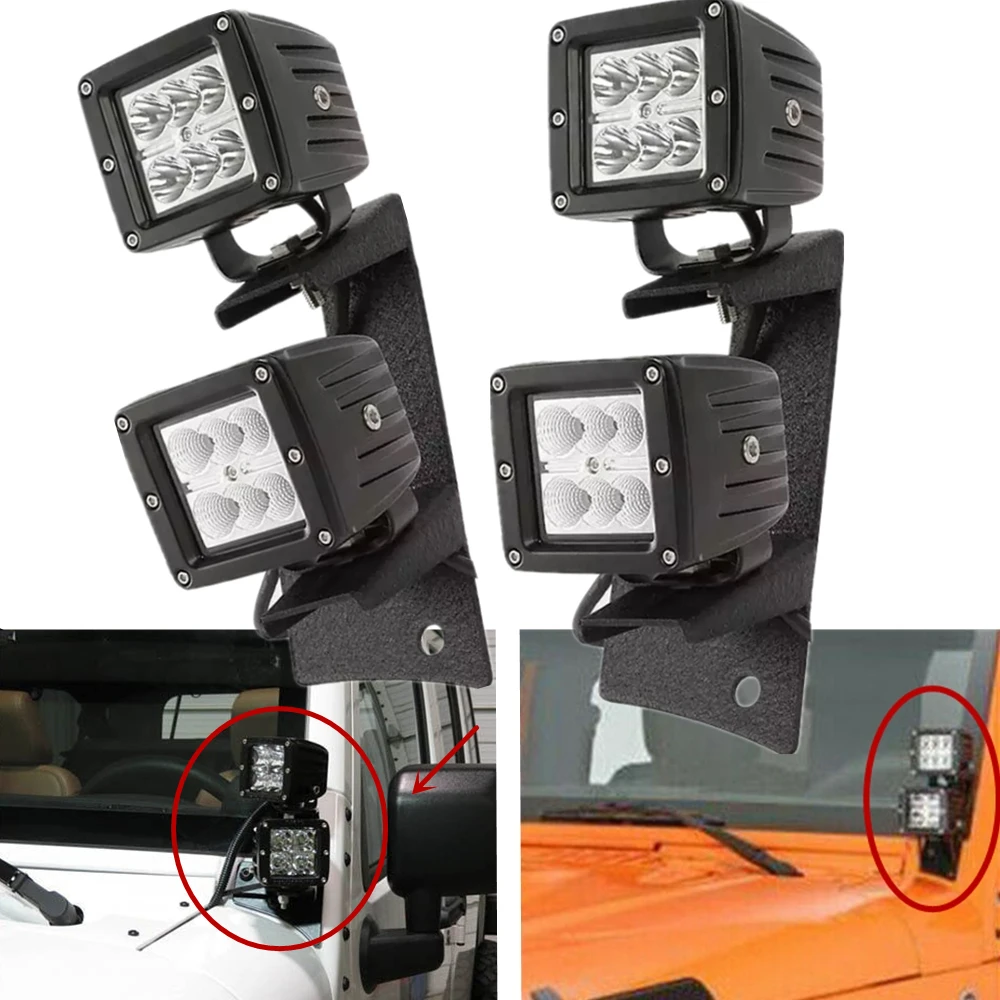

Крепежные кронштейны A-pillar для Jeep Wrangler JK, 2 двери, 4DR, с 4 автомобильными светодиодными рабочими лампами, 18 Вт, 2007-2018 гг.