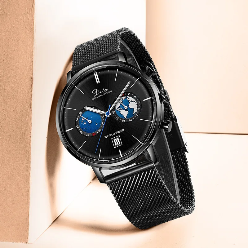 Dita брендовые бизнес мужские часы кварцевые часы кожаный ремешок двойной дисплей часы Relogio Masculino - Цвет: Black-Black