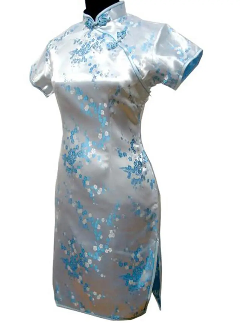 Летние новые сексуальные тонкие с высоким разрезом женские Miniqipao элегантные дракон феникс Ципао Винтаж ручной работы Кнопка китайское платье плюс - Цвет: Blue