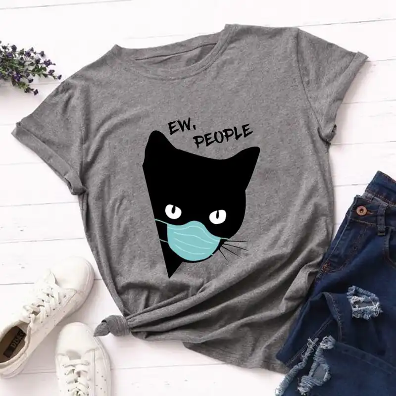 EW People Shirt Womens Tops Solid Color T-shirt Cat Print Long Sleeve Pullover Tops
