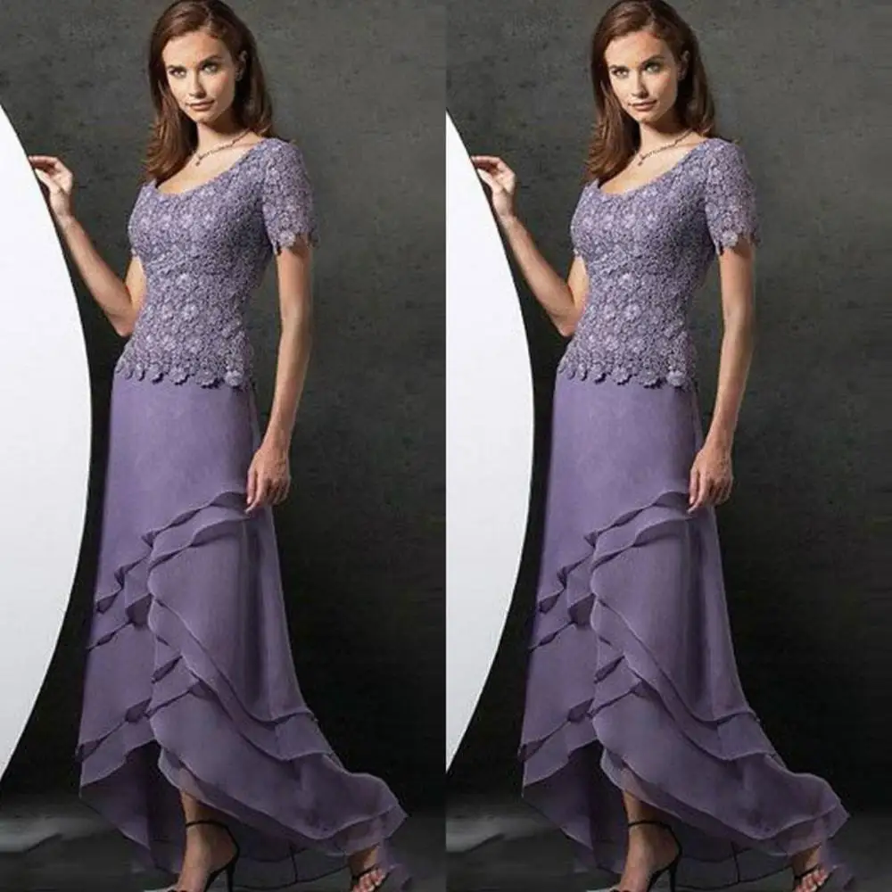 

Lavender Mother of the Bride Dresses High Low Scoop Neck Wedding Guest Gowns Custom Made Short Sleeves Plus Size Formal Dress