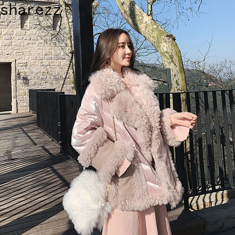 Элегантная розовая Зимняя женская куртка с меховым воротником, шерстяная утепленная парка из овечьей шерсти, теплое пуховое хлопковое зимнее пальто, длинная парка