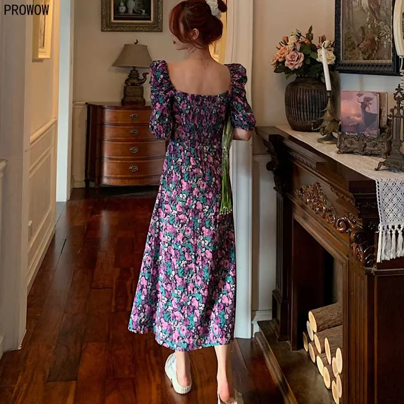 2020 Summer French Romance Retro Dresses Women Casual Floral Print Square Collar Dresses Ruffles Puff Sleeve Midi Dresses Lady