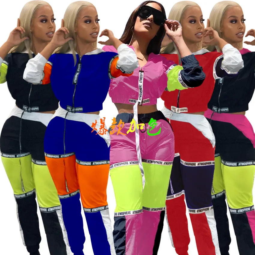 

2019 New Fashion Sporty Women's Tracksuit Hooded Short Jackets Letter Splicing Long Pants Suits Two Piece Set Outfit