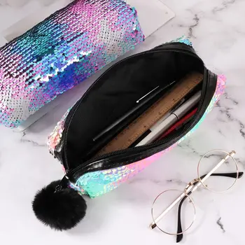 

Kawaii Plush Ball Reversible Sequin Pencil Case Large Pencilcase Makeup Box Bag School Supplies Stationery Student Gift