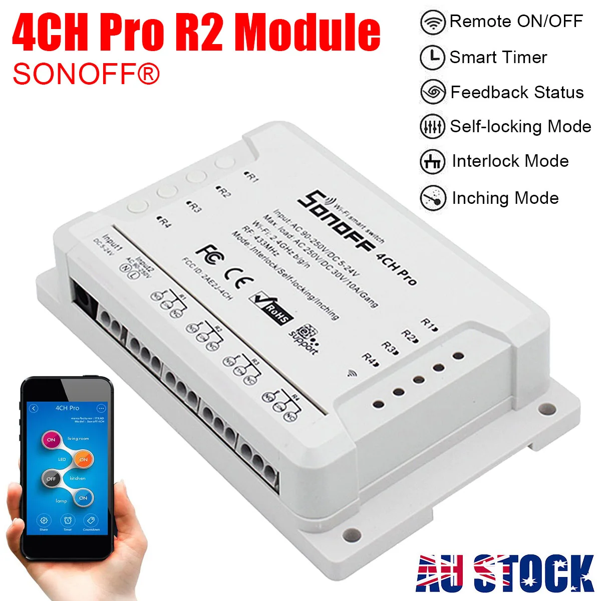 

SONOFF 4CH Pro R2 2.4Ghz 433MHz RF Smart Home WIFI Wireless Switch APP Remote Control Module Inching/Self-Locking/Interlock
