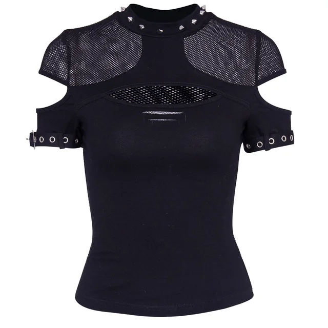 Women T-shirts Gothic Punk Chix Black T-shirts Casual Slim Mesh Hole Rivet Sexy Short Sleeve Top Hip Hop Female Goth Top black