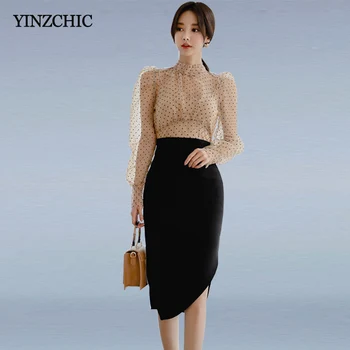 

Elegant OL Spring Office Suits Dot Print Blouse Furcal Skirt Sets for Woman New Slim Ladies 2pcs Set Suit Party