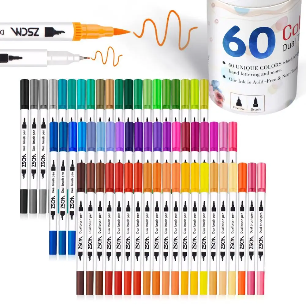 

60 Colors Dual Tip Art Marker Pen Watercolor Markers Pen Drawing Fine Liner Painting Brush Calligraphy Sketching School Supplies