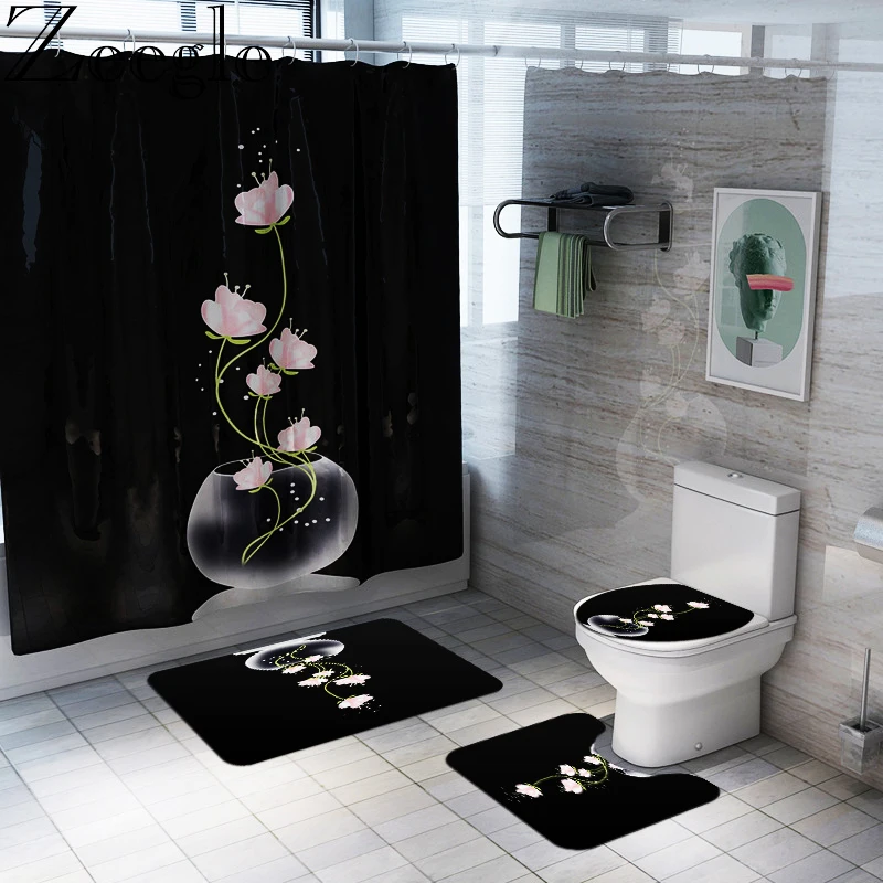 Non Slip Toilet Seat Cover Bath Mat Polyester Waterproof Shower Curtain Set Bathroom Carpet Home Decor Bathroom Foot Mat