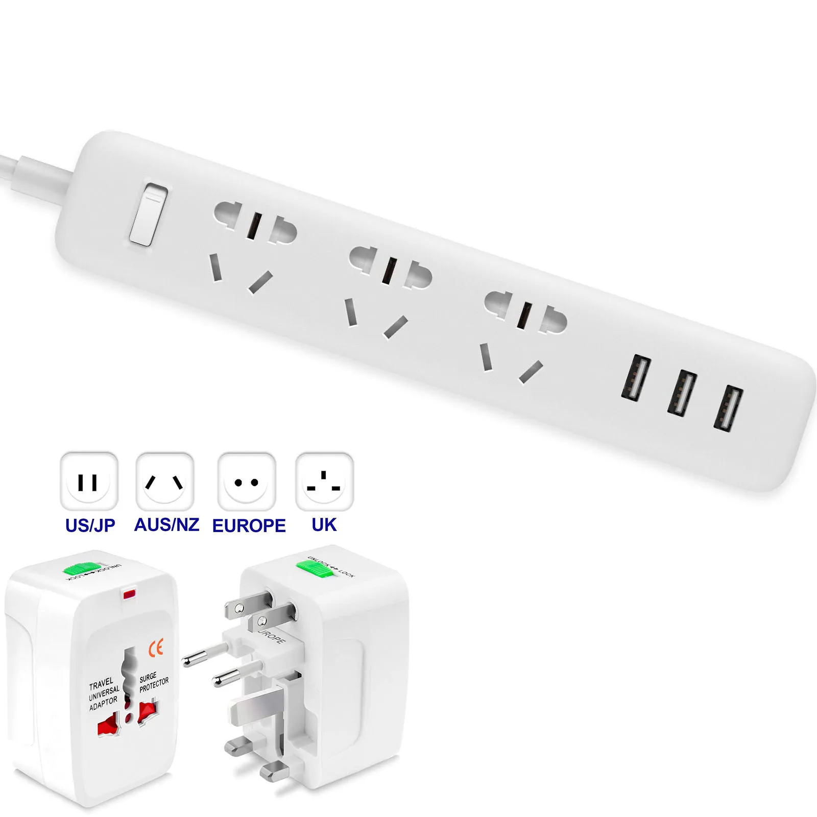 Xiaomi power strip с 3 USB удлинитель Разъем многофункциональная Быстрая зарядка силовая полоса 10A 250V 2500W - Цвет: White add adapter