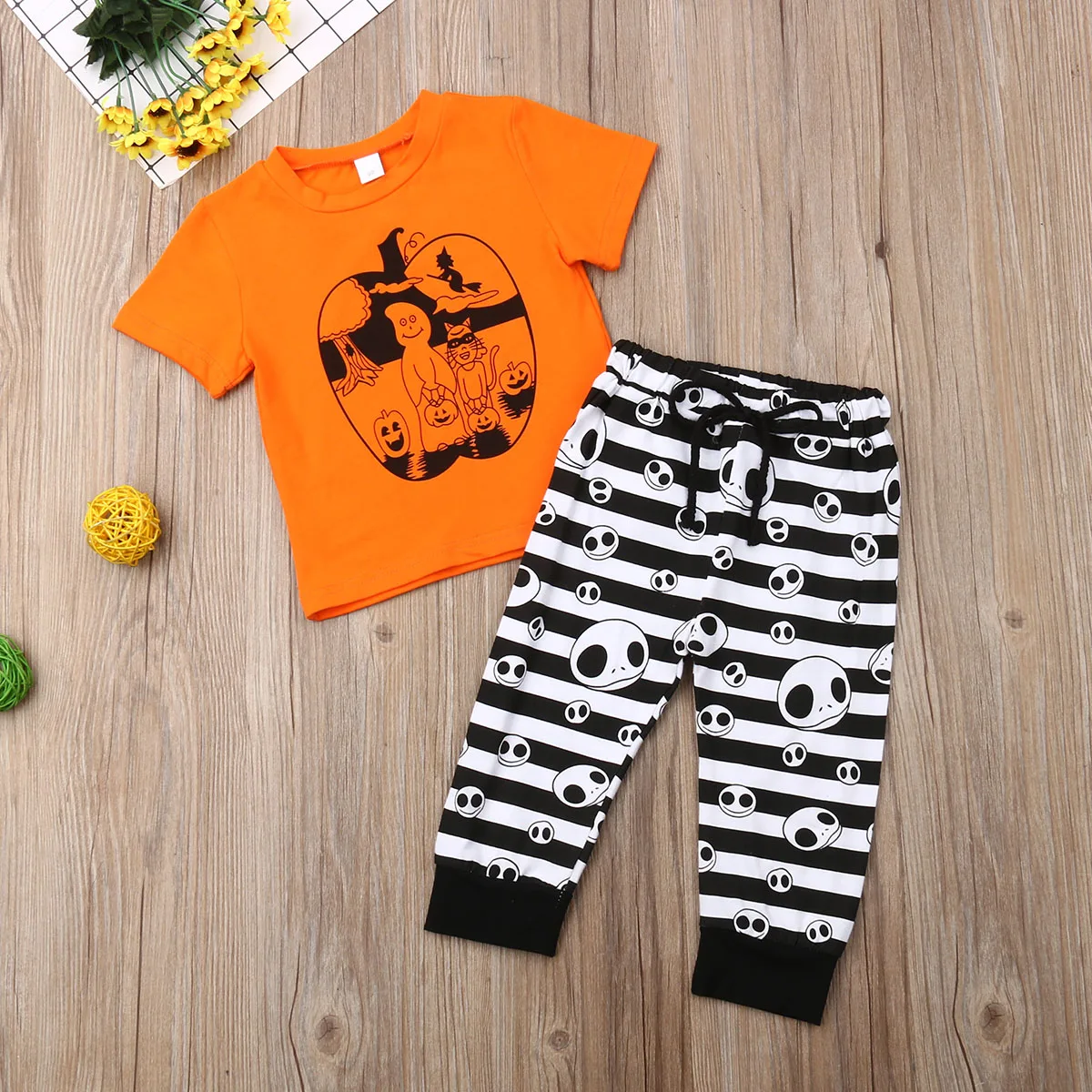 2019 New Newborn Baby Boy Girl Halloween Pumpkin Costume Short Sleeve Top T-shirt Stripe Pants Clothes Sets 1-5Y Dropshipping