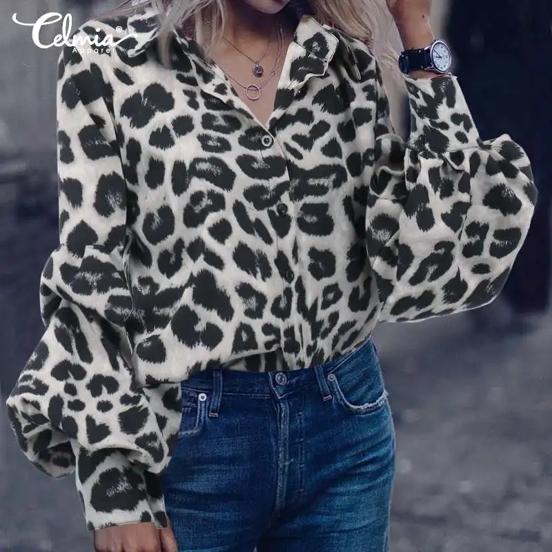  Top Fashion Celmia 2019 Women Autumn Lantern Sleeve Shirts Sexy Leopard Print Blouses S-5XL Female 