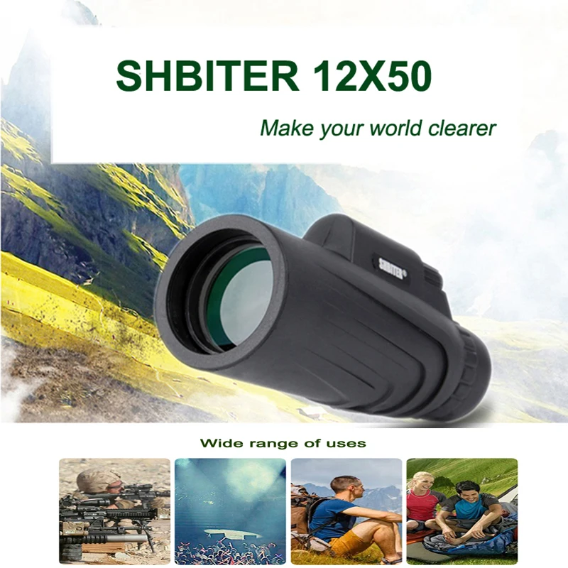 

Монокулярный телескоп SHBITER 12X50, HD призматический телескоп ночного видения Bak4 с зажимом для телефона, штатив для охоты, телескоп для наблюдения за птицами