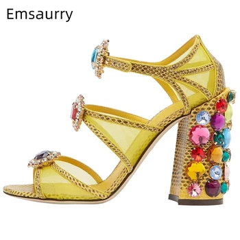 

Sexy Air Mesh Rhinestone Banquet Shoes Woman Colorful Diamond High Hoof Heel Sexy Open Toe Crystal Buckle Sandals Women