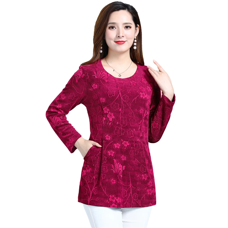 

Long Sleeves Tee Tops Women Bottom Shirt 2019 Spring Fall New Casual Plus Size Middle Age Mother T-Shirts O-neck Female Camise