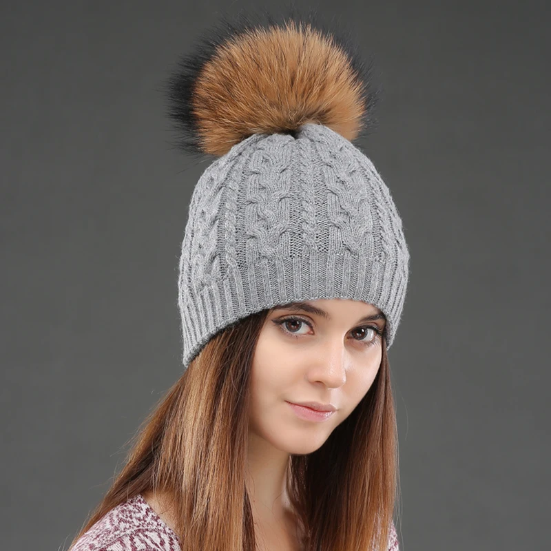 CNTANG 2026 Damen Doppellagige Strickmützen Winter Warme Beanie-Mützen Wollmütze mit Bommel Natürliches Waschbär-Fell Modische Damen-Kappe – Detail 17