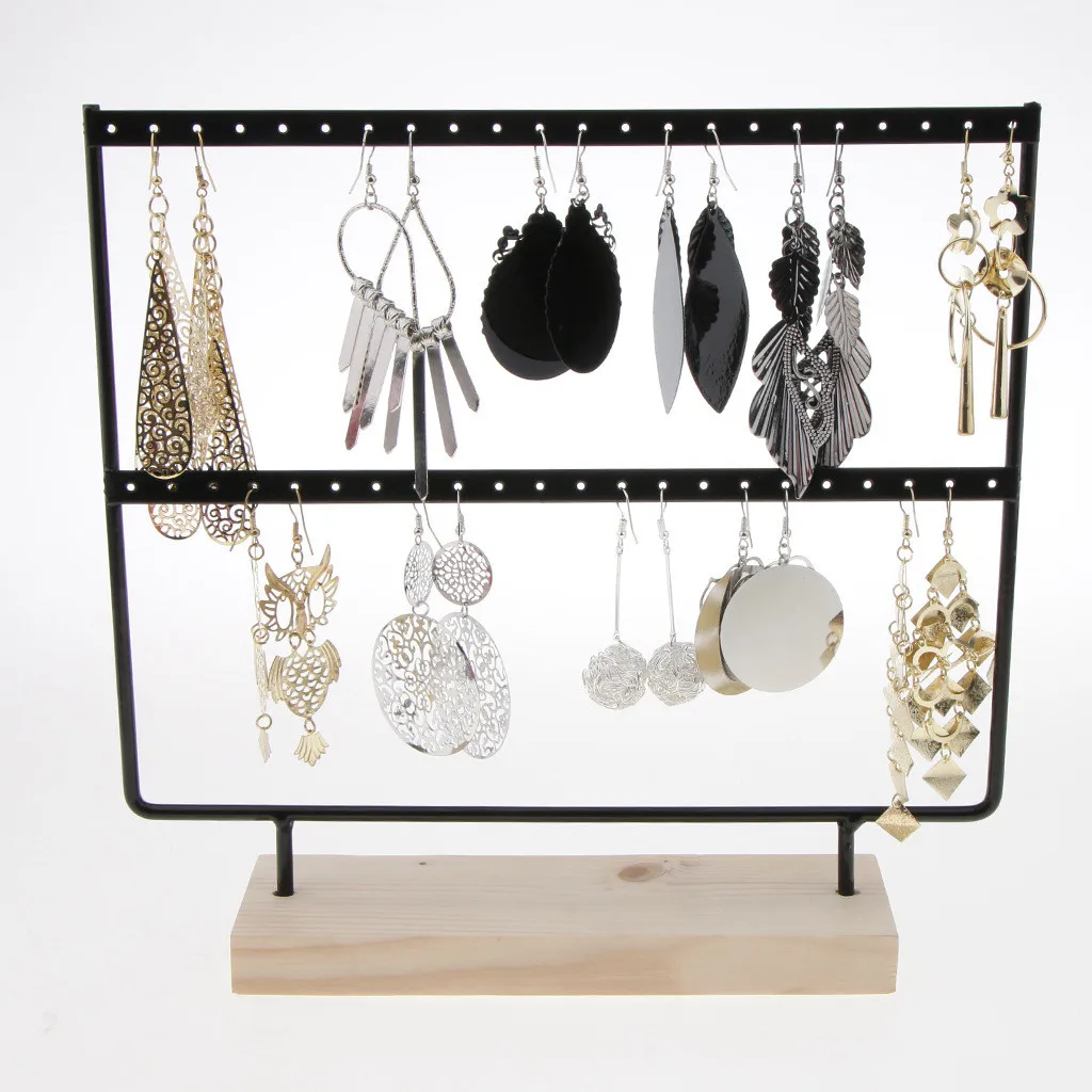 46-hole 2 Layers Metal Earring Jewelry Display Rack Wooden Base Ear Studs Holder